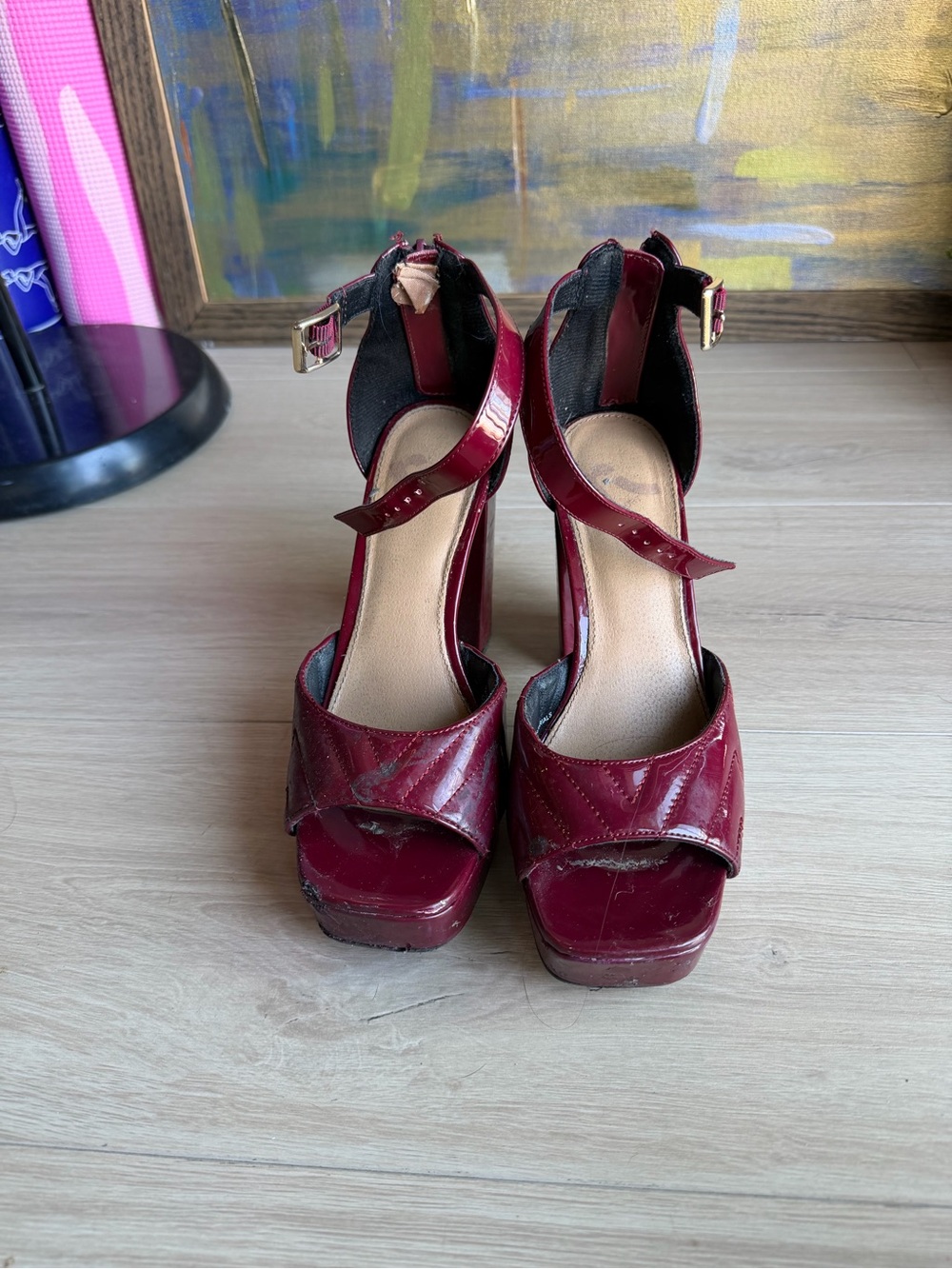 Report Burgundy Patent Platform Heels with Ankle Strap